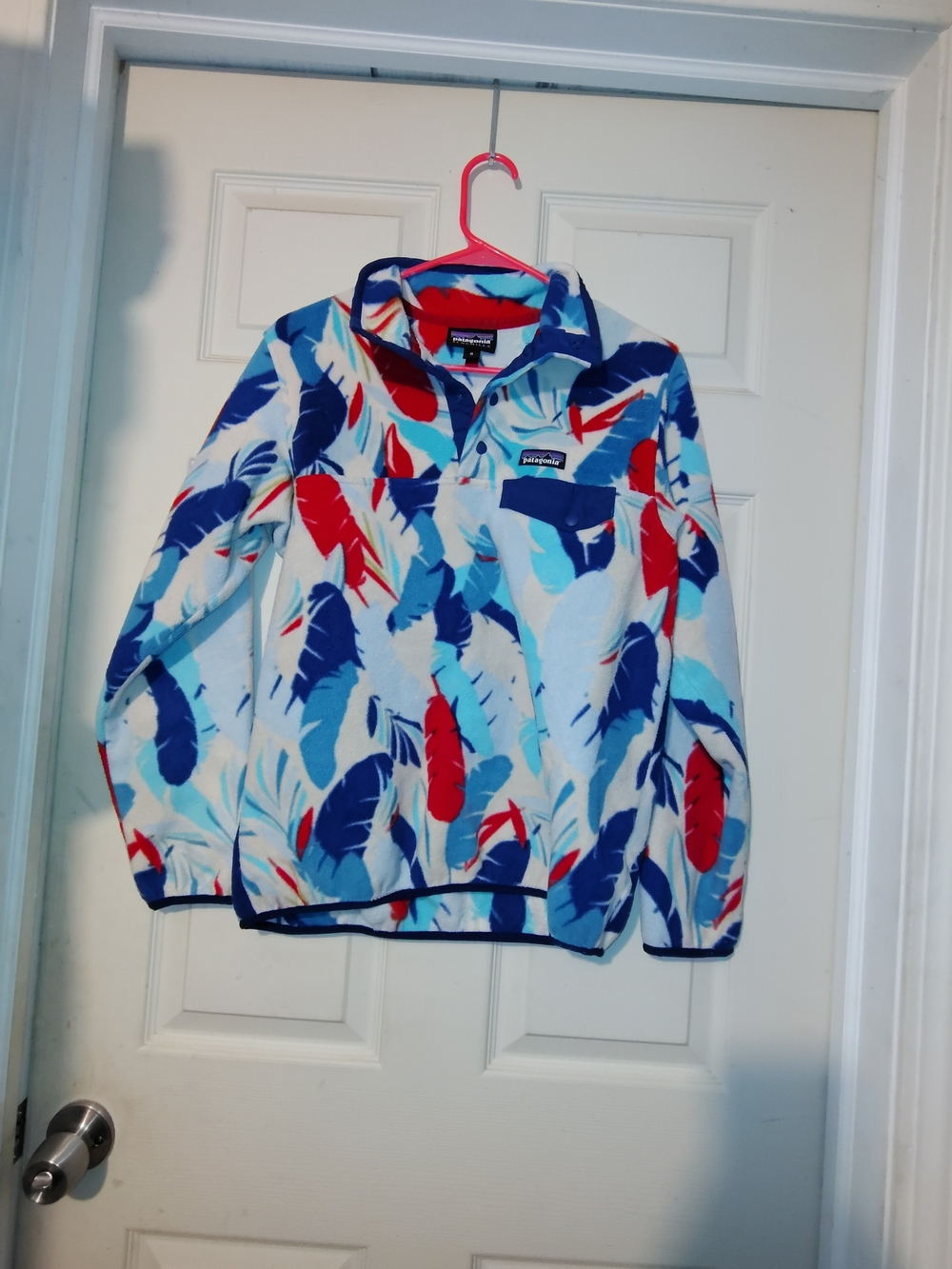 Patagonia Women's Feather-Print Fleece Pullover in Blue, Red & Light Blue